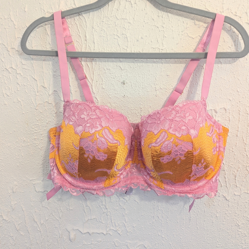 Savage X Fenty Pink and Orange Underwire Bra with Lace Overlay